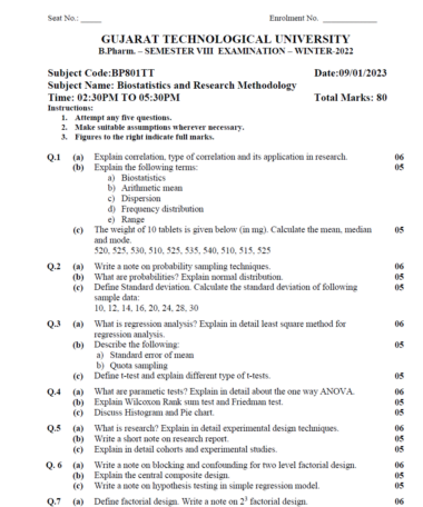 GTU Winter 2022 Question Paper B.Pharm Sem:- 8 All Subject (Old Question Paper) Download Now