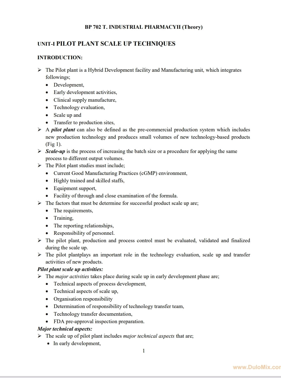 Pilot Plant Scale Up Technique Hand Written Notes Pdf Download Now ...