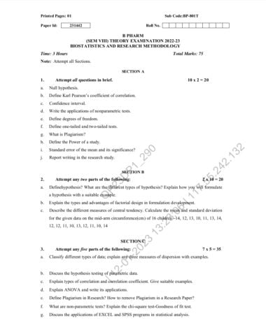 Biostatistics and research methodology sem 8 2022-23 Aktu paper pdf Download Now