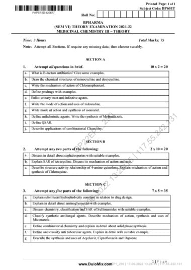 Medicinal chemistry sem 6 2021-22 Aktu paper pdf Download Now