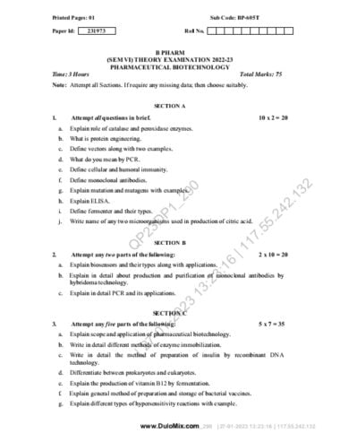 Pharmaceutical biotechnology sem 6 2022-23 aktu paper pdf Download Now