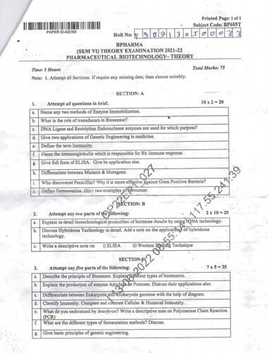 Pharmaceutical biotechnology sem 6 2021-22 aktu paper pdf Download Now