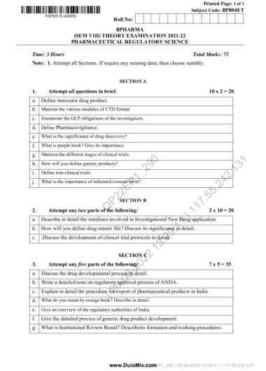 Pharmaceutical regulatory science sem 8 2021-22 Aktu paper pdf Download Now