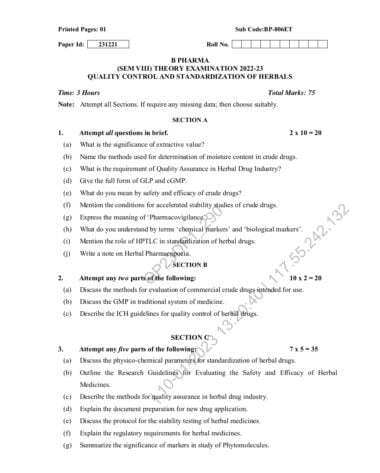 Quality control and standardization of herbals sem 8 2022-23 Aktu paper pdf Download Now