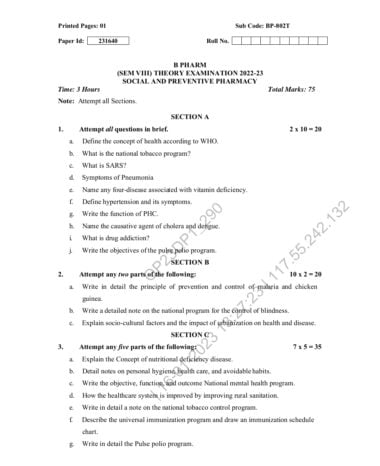 Social and preventive pharmacy sem 8 2022-23 Aktu paper pdf Download Now