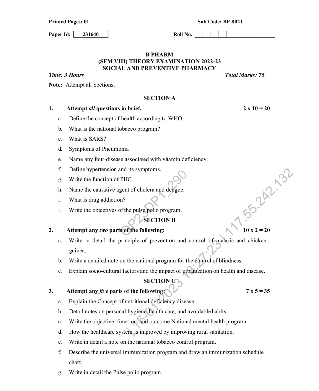 Social And Preventive Pharmacy Sem 8 2022-23 Aktu Paper Pdf Download ...