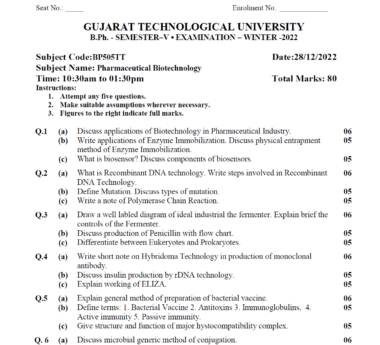 Pharmaceutical Biotechnology GTU SEM 5 2019-22 Qustion paper Download Now