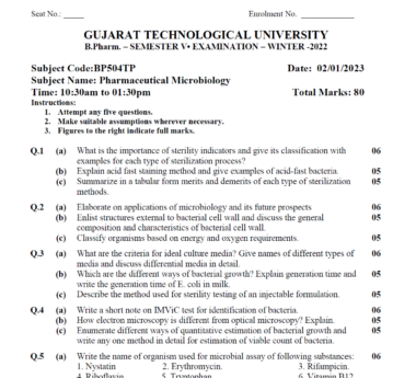 Pharmaceutical Microbiology GTU SEM 5 2019-22 Qustion paper Download Now