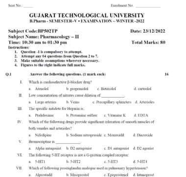 Pharmacology II GTU SEM 5 2019-22 Qustion paper Download Now
