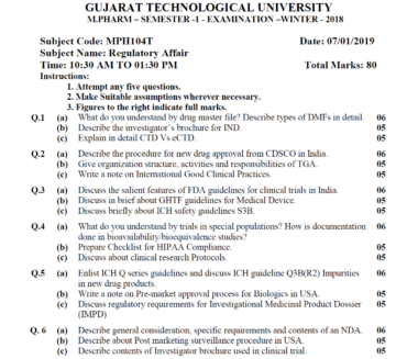 MPH104T GTU SEM 1 2018-23 Qustion paper M.pharm Regulatory Affair Download Now