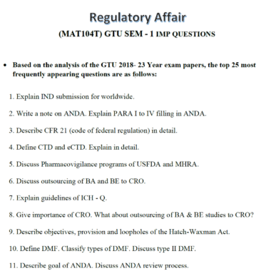 Regulatory Affair (MAT104T) GTU SEM - 1 IMP QUESTIONS Download Now