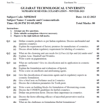 Cosmetic and Cosmeceuticals Qustion Paper Download Now